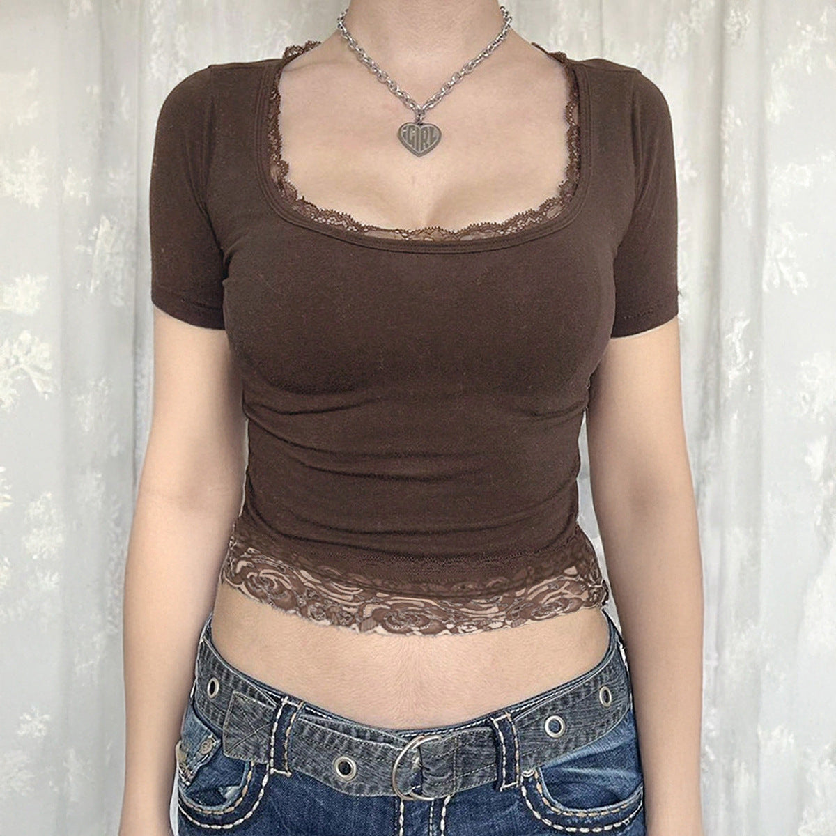 Y2g Solid Color Lace U-neck Sexy Midriff-baring Short Sleeve Top T-shirt Women's Clothing