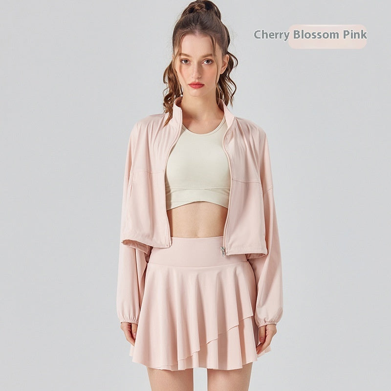 Stand Collar Pocket Cool UV-proof Women's Outdoor Sports Fitness Jacket Loose Breathable Casual Top