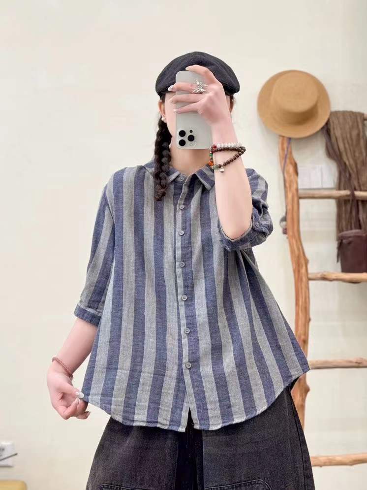 Wide Striped Printed Double-layer Yarn Loose Women's Cardigan Short Sleeve Shirt