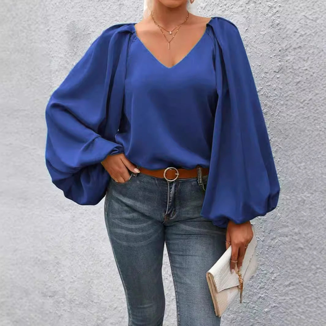 V-neck Lantern Sleeve Loose Long Sleeve Shirt