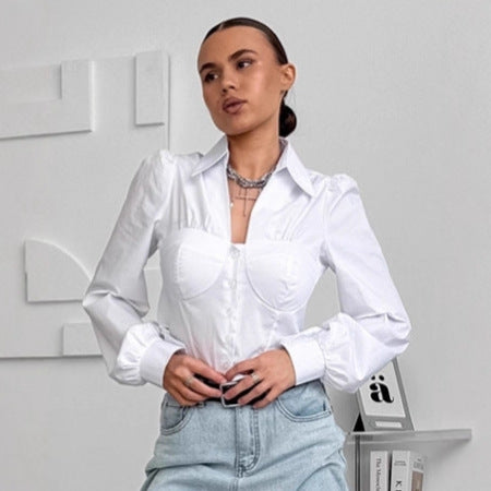 Women's Lapel Puff Sleeve Shirt Short Top