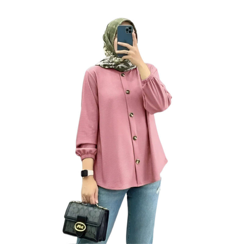Muslim Ice Silk Wrinkle Stand-up Collar Literary Vintage Cardigan Loose Shirt Women
