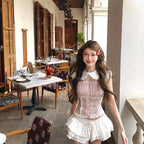 Polka Dot Lace Stitching Shirt For Women Sweet Doll Collar Slim-fit Crop-top