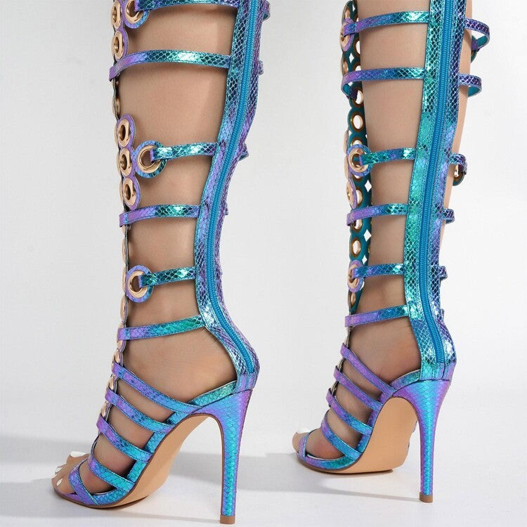 European And American Metal Large Fish-eye Hollow Stiletto Heel Open Toe Sandals