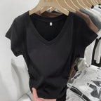 Sweet Cool Hot Girl Style Short-sleeved T-shirt Women's V-neck Shoulder Slim Fit Slimming