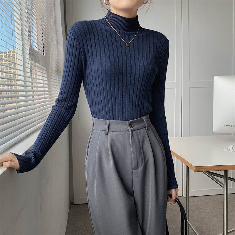 Half-high Collar Long Sleeves Knitted Bottoming Shirt Top For Women