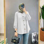 Muslim Ice Silk Wrinkle Stand-up Collar Literary Vintage Cardigan Loose Shirt Women
