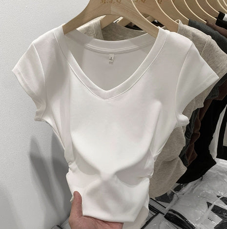 Sweet Cool Hot Girl Style Short-sleeved T-shirt Women's V-neck Shoulder Slim Fit Slimming