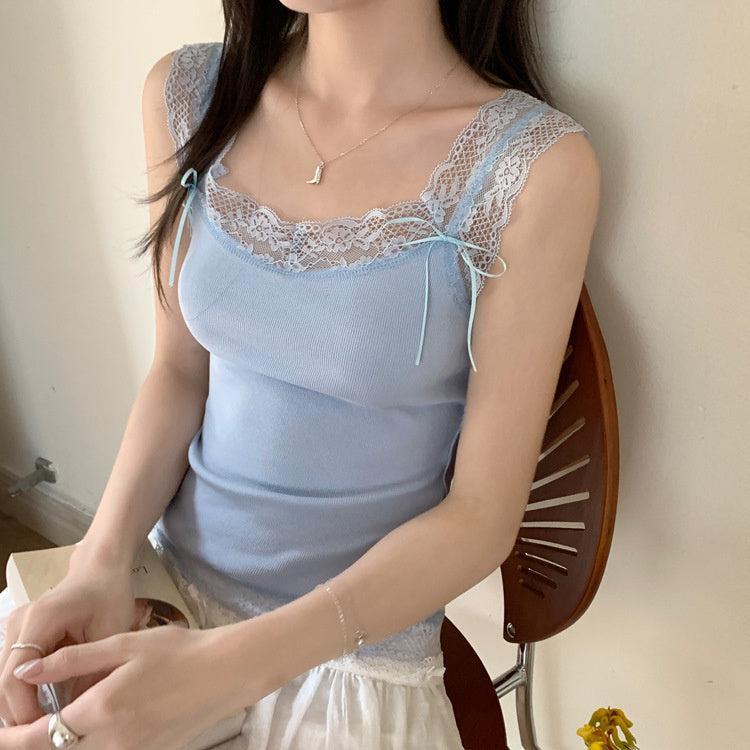 Sweet And Spicy Lace Stitching Floral Slim-fitting Suspenders Vest