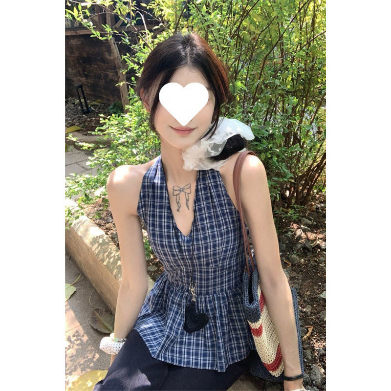 Retro Plaid V-neck Lace-up Halter Sleeveless Shirt