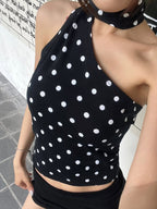 Women's Polka Dot Halter Ribbon Shoulder Backless Wild Vest