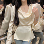 High-end Irregular Bell Sleeve Waist-tight Graceful Satin Long Sleeve Shirt