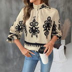 Stand Collar Retro Ethnic Print Long Sleeve Shirt