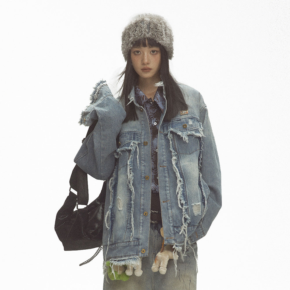 Punk Old Wash Cat Beard Denim Jacket