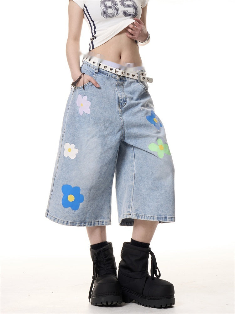 American Vintage Small Flower Loose Straight-leg Denim Cropped Pants For Women