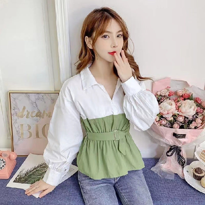 Long Sleeve Cinched Patchwork False Two-piece Suit Shirt