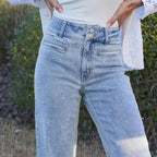 European And American High Waist Beaded Stretch Curling Jeans Wide Leg