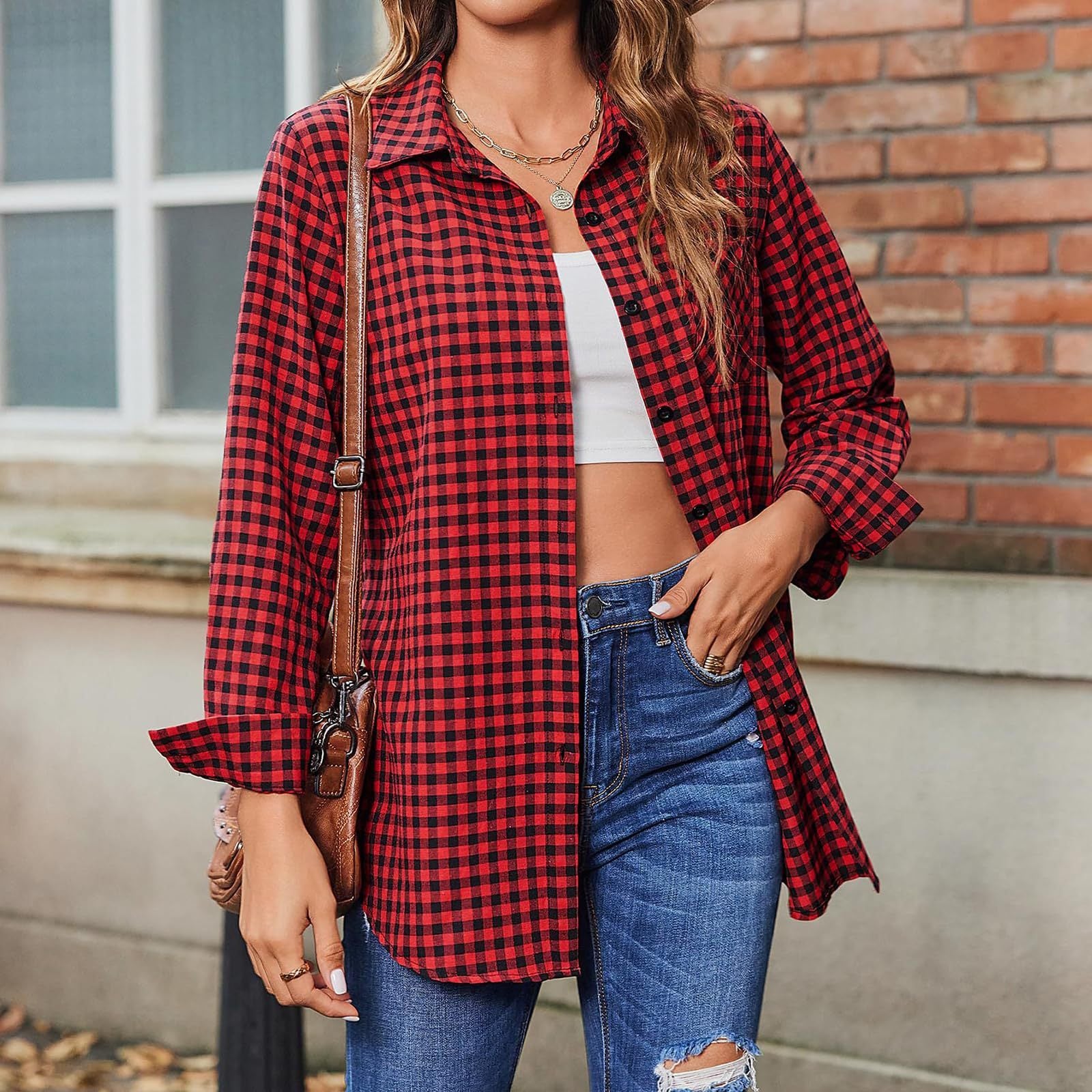 Printed Plaid Lapel Loose Long-sleeve Shirt Plaid Shirt