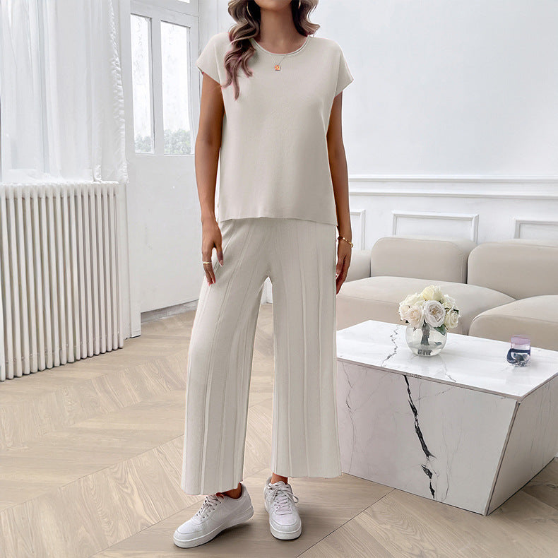 Simple Casual Style Solid Color Top Wide Leg Sweater Suit