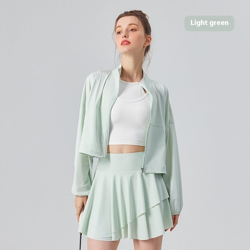 Stand Collar Pocket Cool UV-proof Women's Outdoor Sports Fitness Jacket Loose Breathable Casual Top